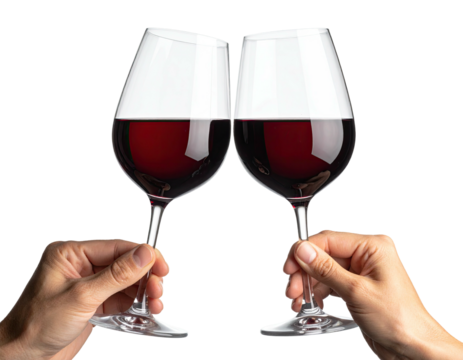 Two hands holding aloft wine glasses, filled with red liquid, clinking together