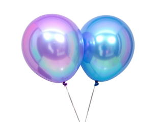 Two shiny balloons, pearlescent colors, floating against a black background
