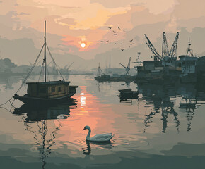Swan swimming in a river at sunset with fishing boats and cranes reflecting on the water