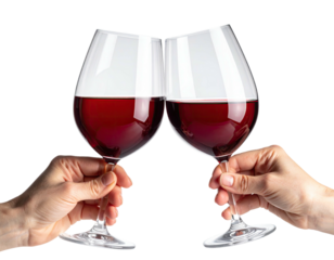 Two hands holding wine glasses together, clinking against a solid background