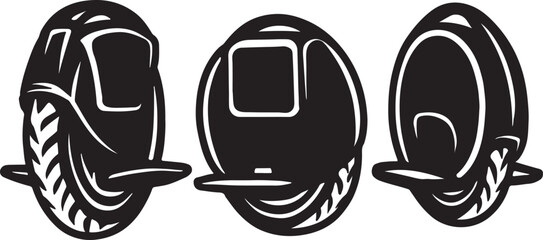 Three stylized black and white illustrations of electric unicycles seen from different angles on a white background © Nahim