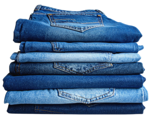 A stack of folded blue pants of various denim shades