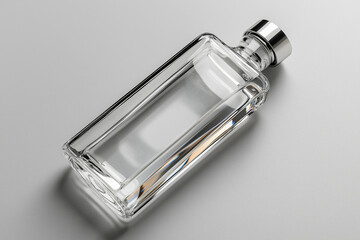 A sleek glass bottle rests on a minimalist gray surface, its crystal-clear liquid reflecting light beautifully, evoking a sense of purity and elegance in design.