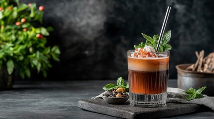 A vibrant cocktail made with rich layers of coffee and cream sits on a dark slate surface. Mint leaves and edible flowers garnish the drink, enhancing its elegance.