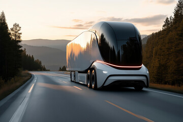 A sleek, futuristic truck drives smoothly on a winding highway, with its reflective surface mirroring the colors of the sunset.