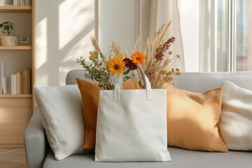 A cozy living room showcases a stylish white tote bag filled with colorful flowers and dried grasses, resting on a soft gray couch adorned with warm cushions, all bathed in soft, natural light.