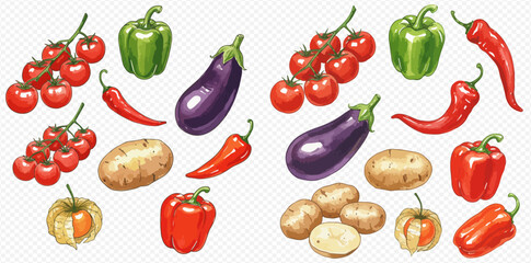 Illustration of various vegetables including tomatoes, peppers, eggplants, and potatoes.