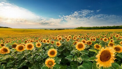 Obraz premium Sunflowers Stretching To The Horizon Under A Bright Summer Sky A Stunning Display Of Tranquil Natural Beauty
