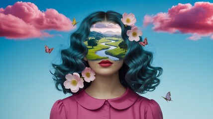 Surreal portrait of a woman with a landscape scene in her face, surrounded by flowers and butterflies