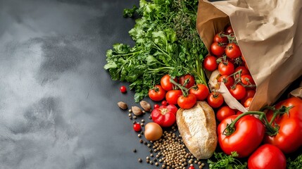 Vibrant red tomatoes, aromatic herbs, and spices spill from a brown paper bag, creating a lively display of freshness and flavor that brightens any culinary space.
