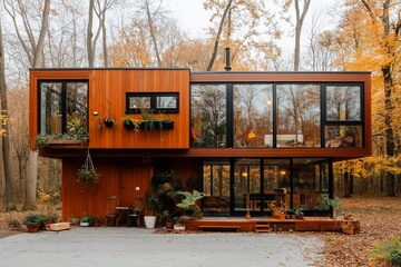 A contemporary wooden house set amidst vibrant autumn trees showcases large windows and a welcoming entrance. The serene atmosphere and colorful leaves create a cozy, peaceful retreat.