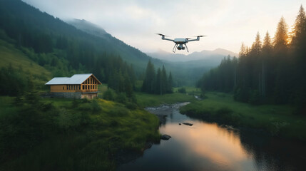 A drone glides gracefully over a peaceful river, framed by lush green hills and a cozy cabin. The sun sets, casting warm hues across the landscape, creating a perfect moment of harmony.
