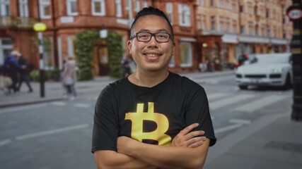 Man wearing black bitcoin t shirt with arms crossed on busy street near brick building, smiling with closed eyes; confidence crypto enthusiasm.