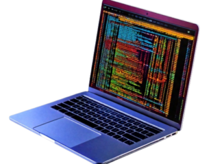 Open Laptop Displaying Colorful Code Editor, isolated on a transparent background