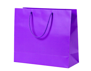 A vibrant purple shopping bag, simple design, sturdy, cord handles, isolated black