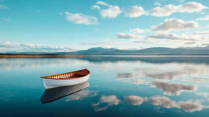 A single wooden boat drifts peacefully on tranquil waters, reflecting a stunning blue sky and soft clouds. Lush mountains frame the serene landscape, evoking a sense of calm and solitude.