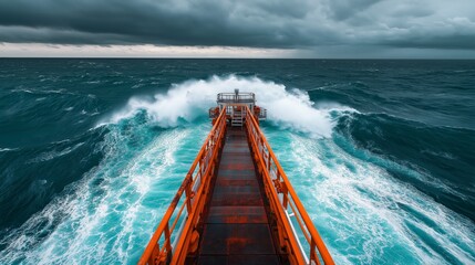 Amidst dark storm clouds, a robust orange vessel battles powerful waves, cutting through the churning sea. The setting sun casts a moody glow, enhancing this dramatic maritime moment.