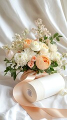 A stunning floral arrangement filled with delicate peach and white flowers lies gracefully on luxurious fabric, surrounded by elegant ribbons. Perfect for a romantic celebration.