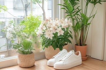 Bright white sneakers rest on a wooden floor beside lush green plants and delicate flowers, creating a serene and inviting atmosphere filled with nature.