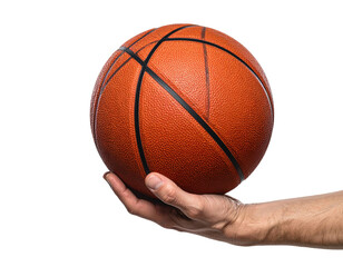 A hand presents a basketball against a black background