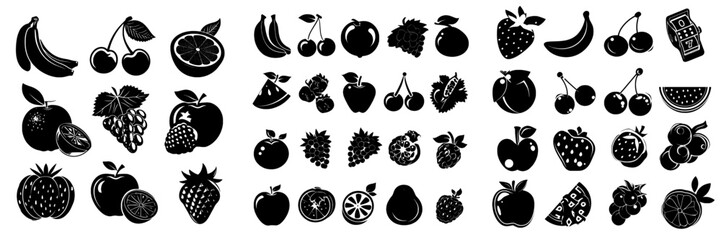 A 3d modern set of isolated gold game fruit icons for casino slot machines includes bananas, cherry, blueberry, apple, watermelon, raspberry, grapes, and orange, and is used for gambling, lotteries,