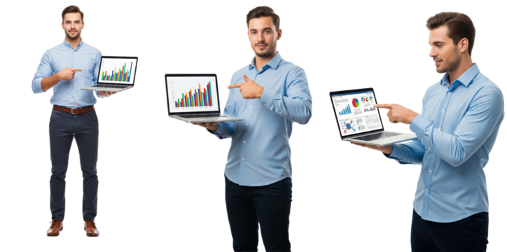 Group of diverse business men holding laptop isolated on transparent white background - Powered by Adobe