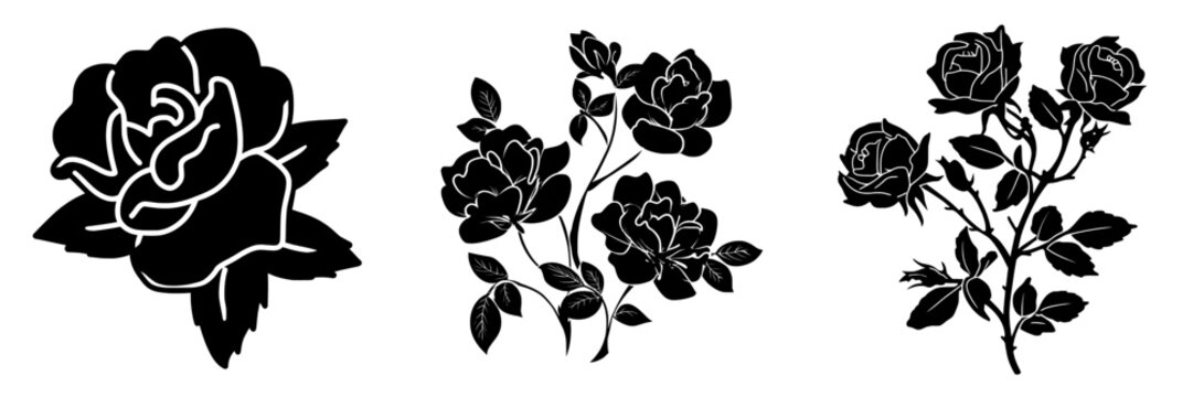 Dise&ntilde;o moderno de flores de l&iacute;nea negra sobre fondo blanco con rosas en ilustraci&oacute;n de l&iacute;nea en blanco y negro