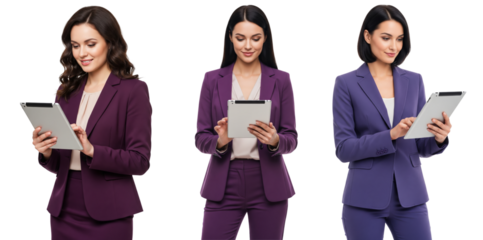 Group of diverse business women wearing purple clothes using tablet isolated on transparent white background