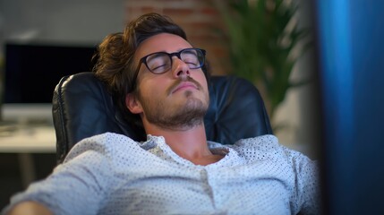 Treat Dry Eye Symptoms. A man relaxing in an office chair, wearing glasses, with eyes closed in a modern workspace.