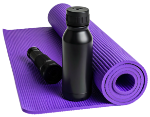 A rolled-up purple mat with exercise equipment, and water bottle