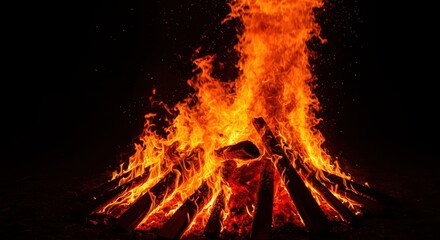 Large roaring bonfire with bright orange flames and sparks at night