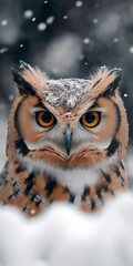 An impressive owl stands prominently with snow dusting its feathers. It watches intently as snowflakes gracefully drift around in a tranquil winter landscape.