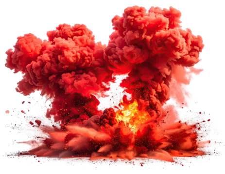 Dramatic, red explosion erupts into towering mushroom clouds on a black background
