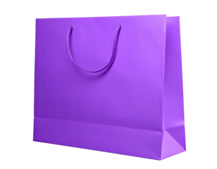 A vibrant purple paper gift bag with rope handles, isolated on black