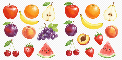 A vibrant collection of watercolor fruit illustrations, including apples, bananas, and watermelon.