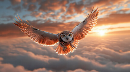 An owl soars gracefully above the clouds, its wings outstretched amid a breathtaking sunset. Warm hues illuminate the sky as this graceful creature navigates the twilight.