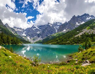 Mountain lake, wildflowers, panoramic view