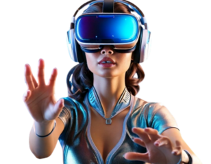 VR Headset with Floating Holographic Interface, isolated on a transparent background”