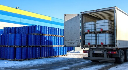 Semi-truck with open trailer doors revealing IBCs, parked next to a stack of blue industrial barrels at a snowy warehouse loading dock