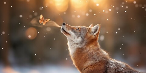 In a tranquil winter forest, a coyote intently watches a vibrant butterfly fluttering gracefully in the gentle snowfall, capturing the magic of nature's harmony.