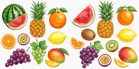 A vibrant assortment of fruits, including watermelon, pineapple, orange, grapes, mango, lemon, kiwi, and passion fruit.