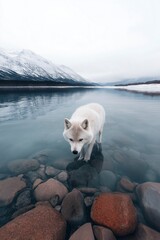 A majestic white polar fox steps delicately into the calm waters of an icy river, surrounded by snow-capped mountains at dusk. The tranquil landscape reflects the quiet beauty of nature.