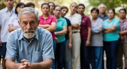 Elderly man looking sad in front of a diverse group of people