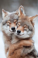 In a serene winter setting, two wolves share a heartfelt embrace, their fur dusted with snow. Their closed eyes reflect trust and warmth against the cold backdrop.