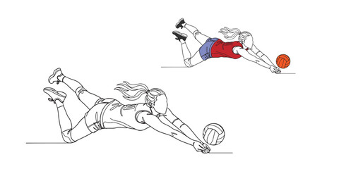 Vector illustration of a female volleyball player diving to save the ball, showing speed, energy, and determination. Perfect for sports design, athletic artwork
