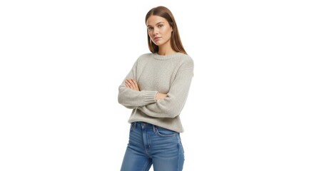 Woman standing with crossed arms wearing a light sweater and blue jeans, a casual outfit for everyday fashion and comfortable style.