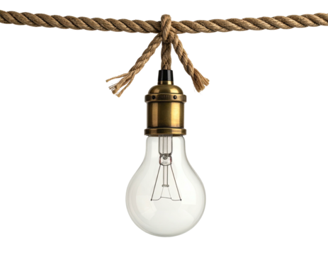 Edison-style lightbulb suspended from a knotted rope against a black backdrop
