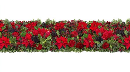 Fototapeta premium Christmas floral border with poinsettias, roses, berries and greenery, on white background, copy space