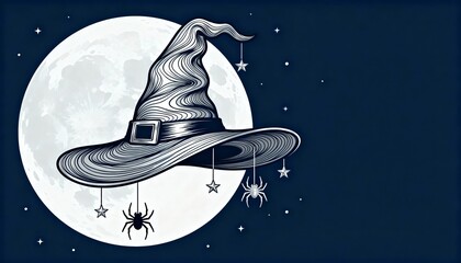 Mystical Witch's Hat and Spiders Hanging Against a Full Moon and Starry Dark Night Sky - Halloween Spooky Theme Background