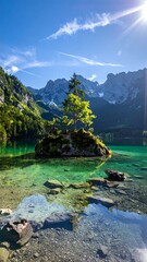 Mountain lake with island